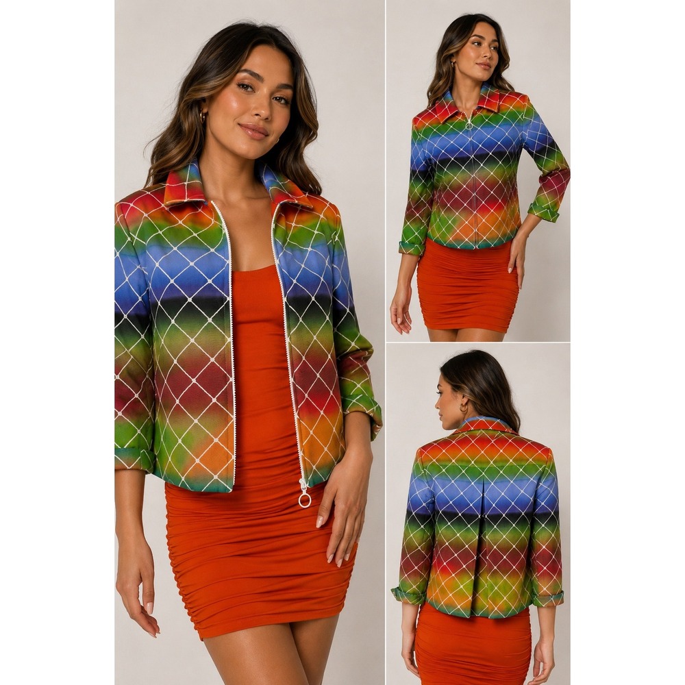 Akris Punto Rainbow Grid Ombre Full Zip Cotton Jacket‎ Multi Color Size 6